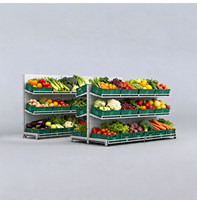 Zware mobiele metalen ijzeren displayrek met wielen, rollende fruit- en groentenrek, opvouwbare plastic manden voor winkels
