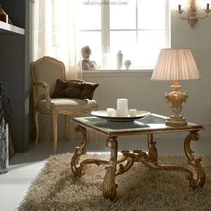 Mano de alta calidad talla mesa de café estilo elegante diseño de muebles de diseño italiano cuadrado plata antigua mesa de café de vidrio