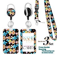 Ilustrasi Gaya INS, Set Kombo Tempat Kartu ID dengan Gantungan Lanyard dan Badge Plastik Kancing Tekan Bermotif Bunga dan Daun, Hadiah Profesional untuk Tempat Kerja