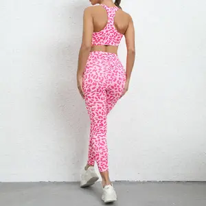 Traje de yoga con estampado de leopardo, hermosa espalda, ejercicio ajustado, levantamiento de glúteos de melocotón, conjunto de fitness de cintura alta, mujer