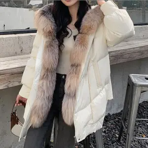 Thick Hooded Fur Goose Down Jacket Fox Fur Collar Women's Mid-Length White Fur Coat