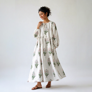 Robe longue bohème en coton à imprimé floral, col en V, écologique, respirante, à manches longues bouffantes pour femme, idéale pour les soirées estivales - Product Image 1