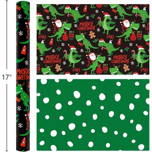 Reversible Black Christmas Wrapping <b>Paper</b> 17x33 Feet Dinosaur Santa Pattern Gift Craft <b>Paper</b> - Product Image 3
