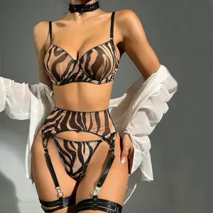Women Sexy Underwear Set Zebra Stripes Print Harness Bralette Sexi Underpants Lingerie Bra Brief Sets G-string Garter Set
