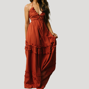 Robes de <span class=keywords><strong>demoiselle</strong></span> <span class=keywords><strong>d</strong></span>'<span class=keywords><strong>honneur</strong></span> longues bohèmes en lin et coton, taille unique, à col halter, à encolure en V, à nouer dans le dos, à volants, couleur orange brûlé, 2026 - Product Image 3