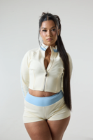 Ensemble loungewear 2 pièces pour femme, veste et short patchwork color block, avec logo personnalisé, collection été 2026 Y2K