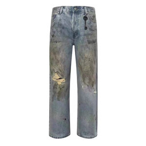 <span class=keywords><strong>Pantalones</strong></span> vaqueros viejos teñidos de barro sucio de moda popular con diseño roto <span class=keywords><strong>pantalones</strong></span> de pierna ancha sueltos de estilo callejero de primavera para hombres al por mayor - Product Image 1