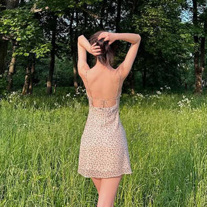 Vestido Camisero Floral Romántico Francés con Cuello en V para Mujer, Minivestido sin Espalda con Lazo en la Cintura, Corte A, Estilizador, Atuendo Casual de Verano - Product Image 4