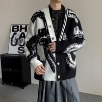 Cardigan en tricot ample à col en V et motif abstrait contrastant pour homme, idéal pour un usage quotidien décontracté