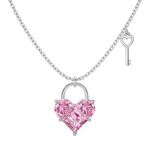 Dylam Cute New Design Women Dress up Jewelry S925 Silver <b>Chain</b> Pink 2ct 5A Cubic Zirconia Heart <b>Key</b> Pendant Necklaces Jewellery - Product Image 1