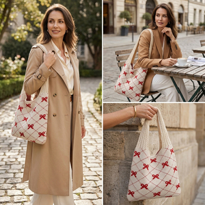 Bolso Tote <span class=keywords><strong>de</strong></span> Punto con Lazo y Diseño Argyle, con Logotipo Personalizado, Bolso <span class=keywords><strong>de</strong></span> Mano Resistente <span class=keywords><strong>de</strong></span> Ganchillo <span class=keywords><strong>para</strong></span> Mujer, <span class=keywords><strong>para</strong></span> Viajes Diarios - Product Image 2