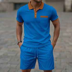 Conjunto de Camiseta Polo y Pantalones Cortos para Hombre, Tejido de Punto Crema, Poliéster/Algodón, Sin Costuras, Color Sólido, Transpirable, Estilo Casual para Otoño, con Ribete Marrón - Product Image 4