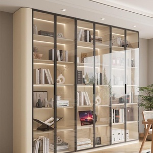 XHA Oak <b>Solid</b> <b>Wood</b> <b>Bookcase</b> Display Cabinet with Curved Glass Doors Custom-Made Wall-Mounted Multifunction Shelf - Product Image 1