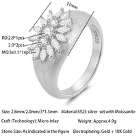 Luxuriöser S925 Silber Vergoldeter Gebürsteter Breiter Ring mit Runden & Marquise Moissaniten Blumencluster Damen Party Geschenk Feiner Schmuck