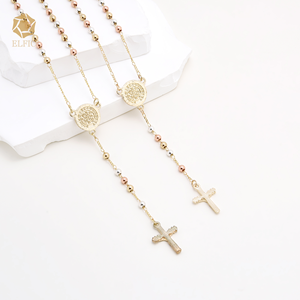 Elfico religioso gesù croce Catholic gioielli <span class=keywords><strong>rosario</strong></span> 14K <span class=keywords><strong>oro</strong></span> collana tricolore perline catena perlina accessori - Product Image 5