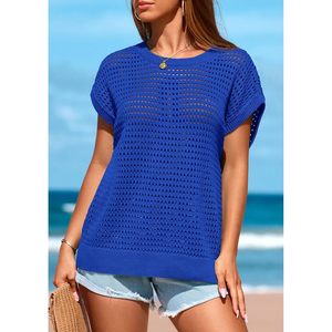 Suéter de Mujer con Mangas Cortas de Crochet, Transpirable, Cuello Redondo, Top de Verano Informal para la Playa o Vacaciones - Product Image 3
