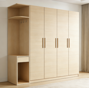 Armadio Moderno Senza Maniglie, Design Elegante in Bianco Crema e Finitura Legno, con Unità Guardaroba Integrata e Scaffalature - Product Image 2