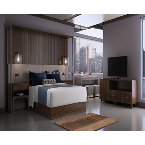 Low Cost 3 Star Hotel Bedroom Set Wood <b>Frame</b> <b>Platform</b> <b>Beds</b> with Extended Back Panel and Bedside Tables for Budget Hotel Project - Product Image 4