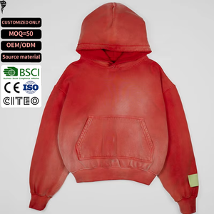 Sweat à capuche oversize rouge en coton, teint en pièce, en molleton bouclette, unisexe, couleur unie, avec poches, pour l'automne - Product Image 1