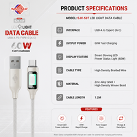 Kabel USB ke Type-C dengan Layar LED, Pengisian Cepat 60W, Sinkronisasi Data, dan Tampilan Daya Digital untuk Ponsel Android