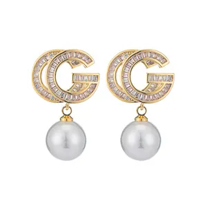 Korean Fashion Luxury High Quality Zirconia Pearl Drop Earrings For Women Wedding Gold Plated Wholesale Earring
