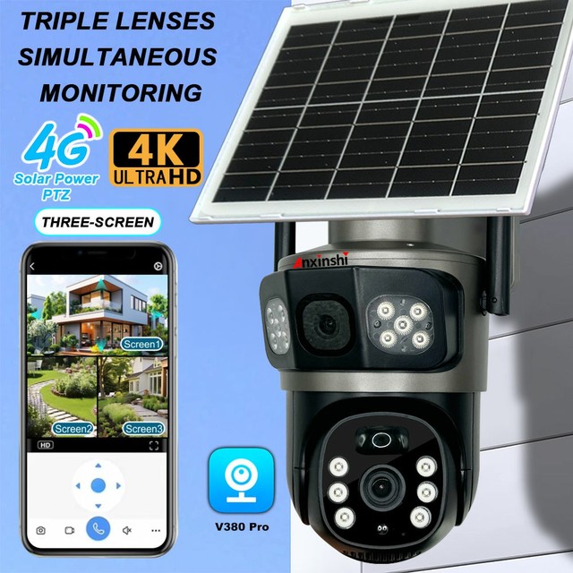 Anxinshi Brand V380 Pro HD 4K DuaLens Three Screen Two-way Voice Intercom PIR Motion Detection 4G Solar Camera Security Camera