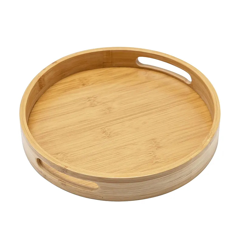 Bamboo Round Serving Tray, Wood Tray with Handles, Natural Wooden Tray for Kitchen/Coffee Table