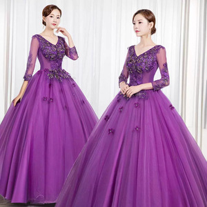 Purple V-neck Tulle Prom Dress With Lace Applique Empire Waist Long Sleeve Ball Gown For Women Plus Size Evening Wear - Product Image 1