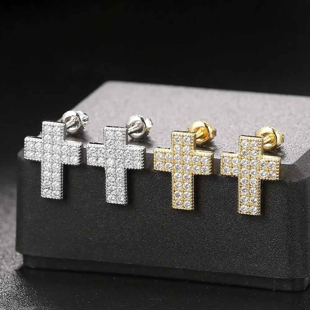 Hiphop takı buzlu Out altın Rhinestone kristal elmas saplama çapraz vida geri küpe erkekler için