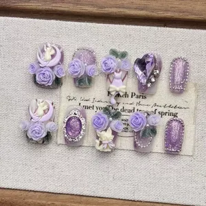 <span class=keywords><strong>Uñas</strong></span> Postizas al por Mayor, Hechas a Mano, con Diseño de Ojo de Gato Morado, Forma Corta, Acrílicas, con Detalles de Gatito - Product Image 2