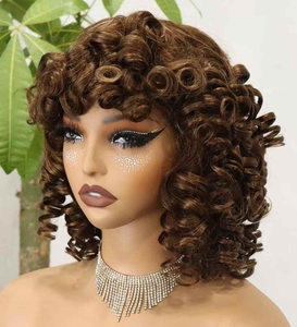 Perruque Lace Front en Cheveux Humains Remy Vierges à 100% Densité 200%, Courte, Frangée, Bouclée Naturelle, Style Bob Brésilien, Ondulation Spring Curl, avec Frange 4 # - Product Image 5