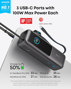 Nouvelle batterie externe pour ordinateur portable Anker 25000mAh, chargeur portable avec trois ports USB-C 165W, câbles rétractables intégrés, approuvé pour les vols - Product Image 2