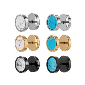 Boucles d'oreilles clous rondes style designer en acier inoxydable 316L, turquoise bleue et marbré blanc, étanches et résistantes au ternissement - Product Image 2