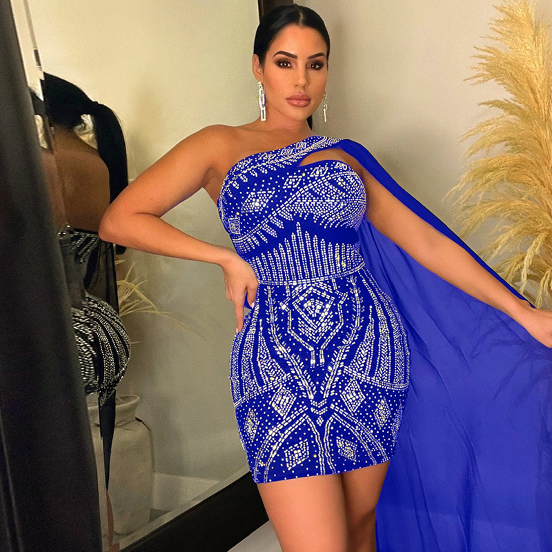 Women's Cape Dress Glitter Blinding Club Evening Sleeveless One Shoulder  Bodycon Es| Alibaba.com