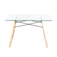 Plateau en verre transparent et pieds en bois pour la salle à manger table carrée de restaurant table d'extérieur pour la salle à manger ou la cantine