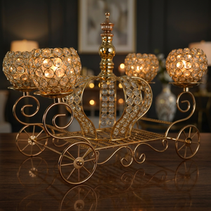 Support de bougie en forme de carrosse en cristal doré, en fer et métal, pour la décoration de mariage et de la maison - Product Image 2