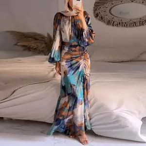 Gaun wanita Muslim Timur Tengah mode baru musim semi gaun panjang Lace-up Lengan mengembang bermotif