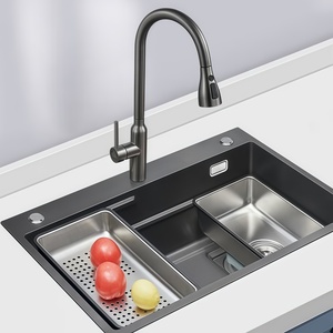 Handmade Single Bowl <b>Kitchen</b> Sink Nano Black Titanium Large Capacity Double <b>Step</b> In-slot Design - Product Image 1