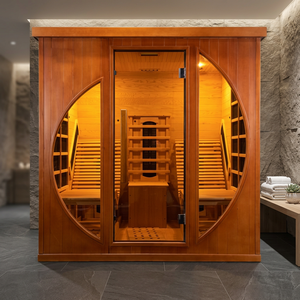 Sauna moderna de madera con puerta de vidrio y ventanas circulares, sistema de calefacción eléctrico de cedro rojo occidental para uso interior. - Product Image 2
