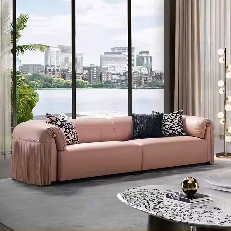 Novo design da china fohu sofá de couro 2-4 lugares, sofá de sala de estar, conjunto com borla, sofá de couro rosa