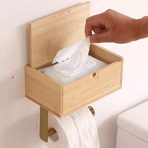 Portarrollos de papel higiénico de bambú con estante, diseño minimalista para montaje en pared, para almacenamiento en el baño - Product Image 4