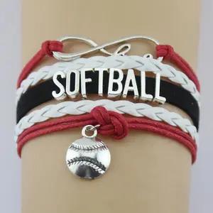 Sport Thema Relatiegeschenken Softbal Armbanden Groothandel Charms Gevlochten Lederen Armbanden