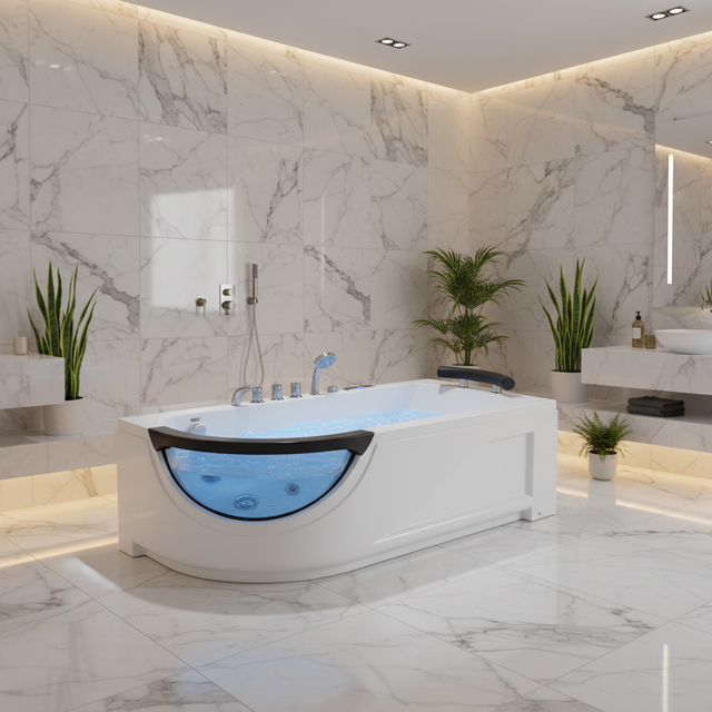 Adults Modern White Acrylic Glossy Solid Finish Rectangle Whirlpool Massage Portable Hotels Apron Installation Drainer 8 Jets