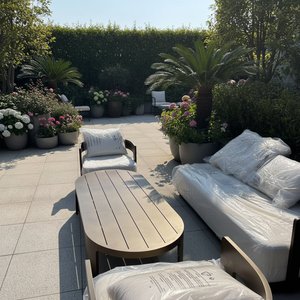 Ensemble de canapés d'extérieur modernes en aluminium avec chaises, structure noire et coussins blancs pour villa, jardin, balcon, piscine - Product Image 2