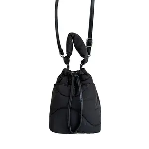 Fashion Quilted Nylon Women Bucket Puffer Bags Design Lady Handbags Casual Soft Cotton Crossbody Padded Bag Drawstring Purse