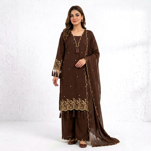 Robe Anarkali longue marron brodée pour femme, style traditionnel Inde Pakistan, coupe ample toutes saisons, en rayonne - Product Image 1