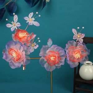24 Nuevos Accesorios para el Cabello Hanfu Hechos a Mano con Diseño Original, Hilo Enrollado, Seda Sintética Rojo Púrpura, Pinza para el Cabello con Flor de Lámina Dorada - Product Image 3