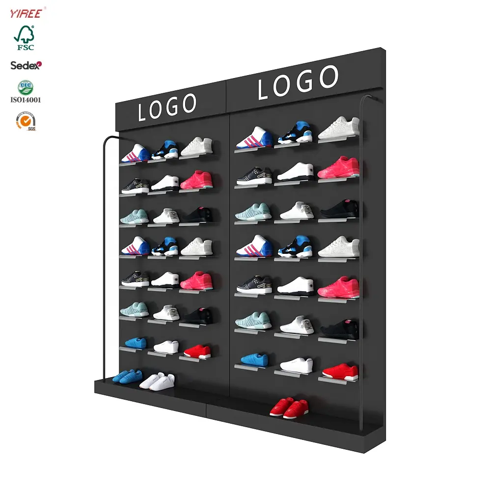 Modern custom sports footwear brand logo steel frame black double wall mounted shoe display for retail shop