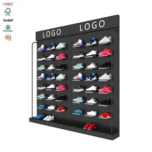 Modern Custom Sports Footwear Brand Logo Steel Frame Black Double Wall Mounted Shoe Display For Retail Shop