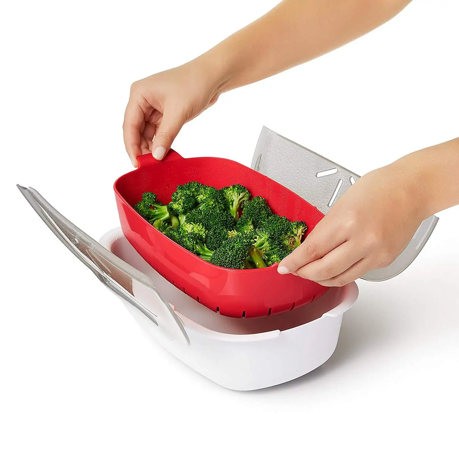 Steamer sayur Microwave. Keranjang Steamer untuk sayuran/brokoli/ikan. Kontainer uap dengan tutup ventilasi